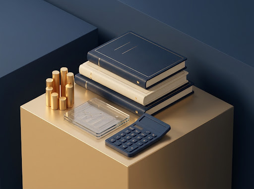 Libros contables encuadernados, calculadora y métricas financieras de precisión